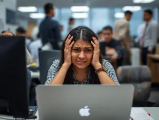 work stress. woman stressed out at work and reading therapist guide