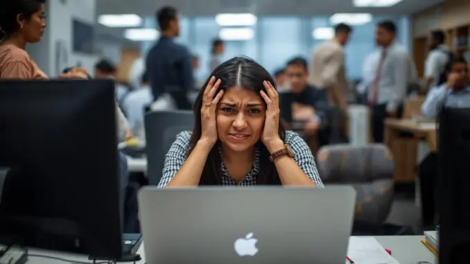 work stress. woman stressed out at work and reading therapist guide
