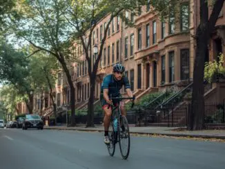 man on bike in lincoln square chicago relaxing not stressed