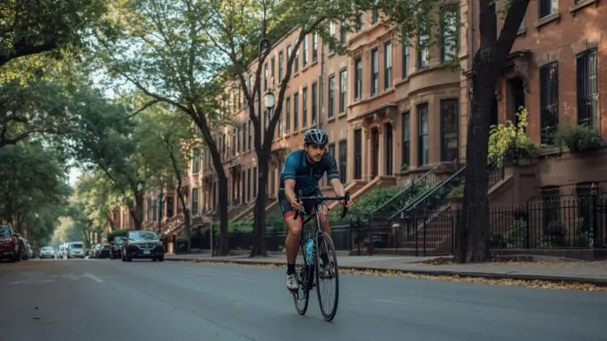 man on bike in lincoln square chicago relaxing not stressed