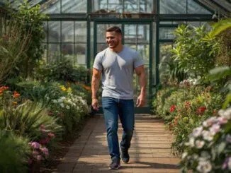man walking through Gethsemane Garden Center in Andersonville
