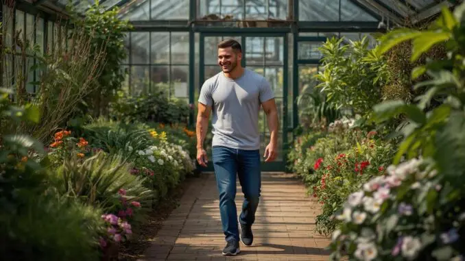 man walking through Gethsemane Garden Center in Andersonville