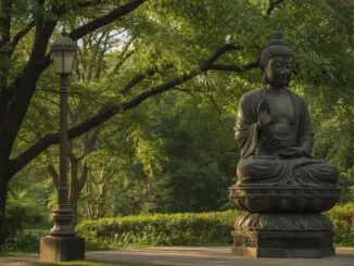 A serene Buddha statue in a West Ridge park representing the peaceful counseling approach at Calm Anxiety Clinic in Chicago