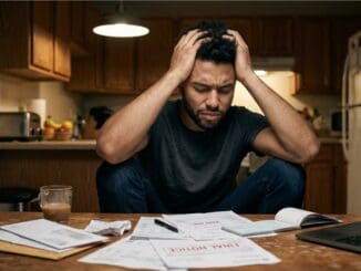 man with financial anxiety and money stress worried about paying bills