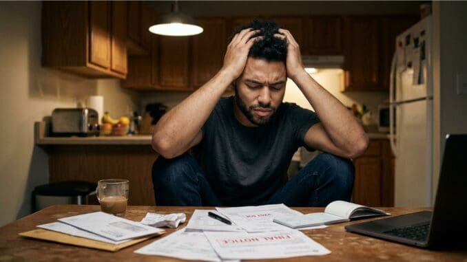man with financial anxiety and money stress worried about paying bills