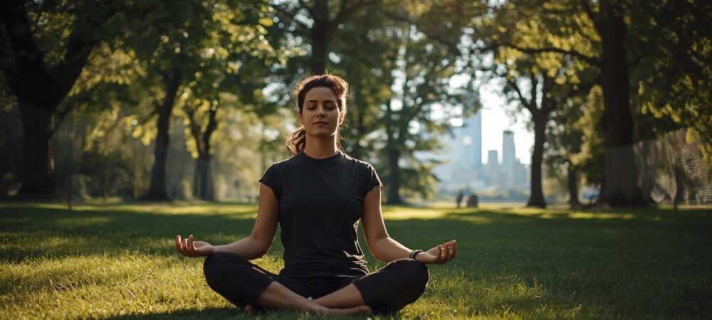 Person practicing mindfulness_meditation or breathing exercise outdoors in Chicago park setting Person practicing mindfulness breathing technique in Lincoln Park Chicago for panic attack management
