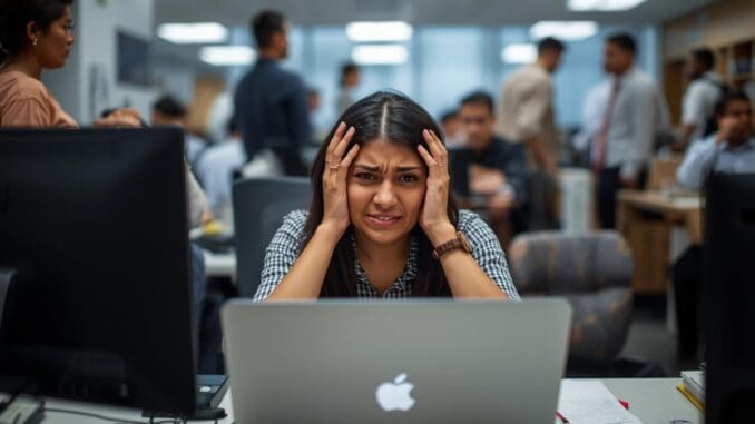 work stress. woman stressed out at work and reading therapist guide