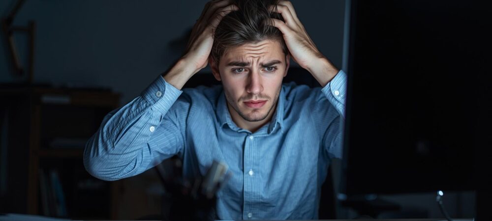 man feeling panic at his Chicago office at work Professional experiencing work-related stress and panic symptoms at Chicago office