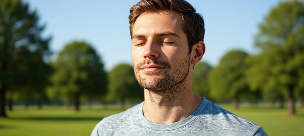 man meditating in chicago practicing mindfulness with Calm Anxiety CBT Therapist man meditating deep breathing calm anxiety CBT therapist chicago