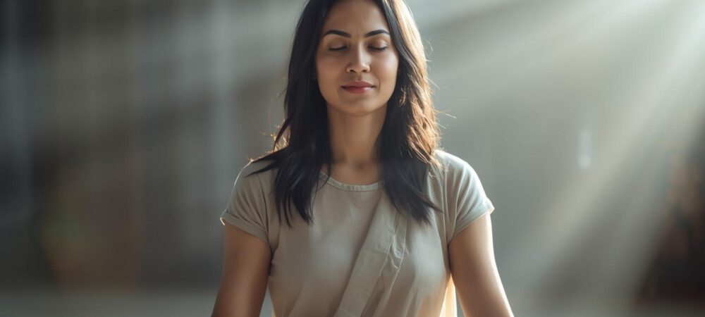 mindfulness person meditating calm anxiety cbt therapy clinic chicago person meditating in North Center as part of work burnout and anxiety therapy from North Center