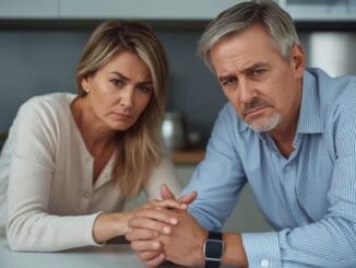 A concerned partner having a calm conversation with a man about sports betting at a kitchen table.