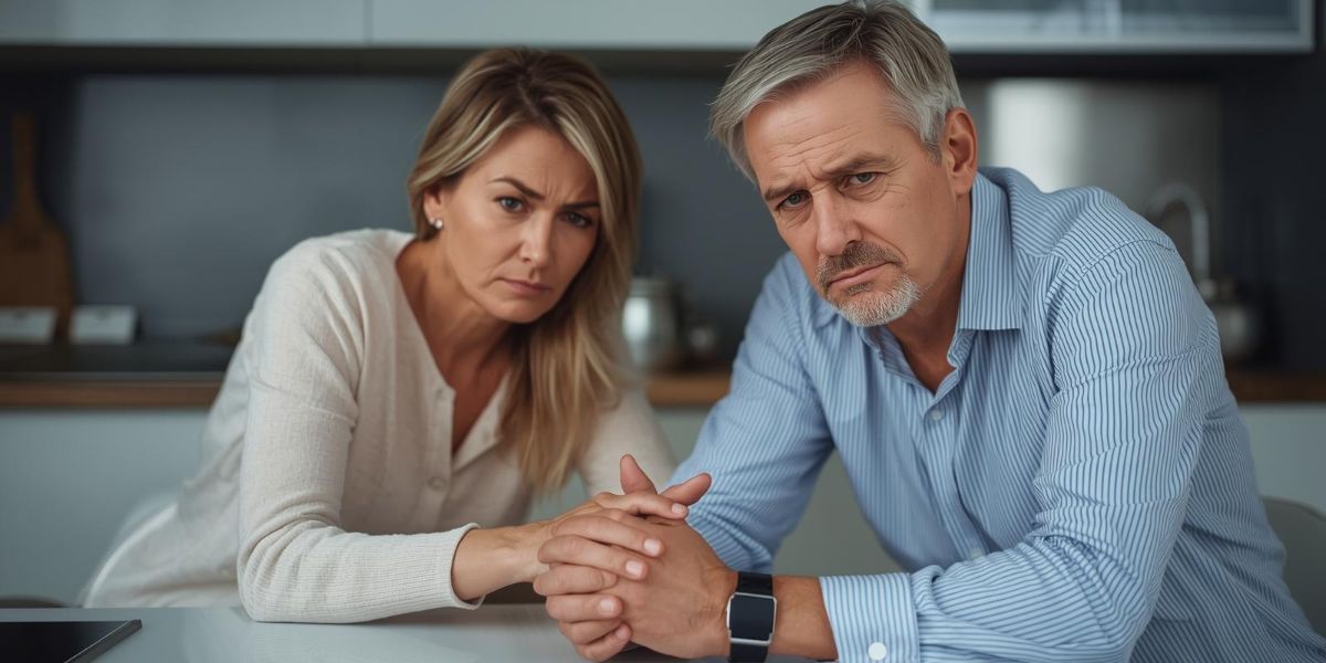 A concerned partner having a calm conversation with a man about sports betting at a kitchen table.