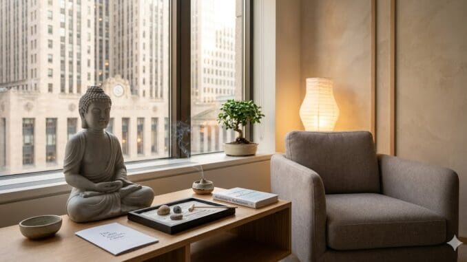 Zen Buddha statue in a Chicago office overlooking the Board of Trade, representing mindfulness and alcohol recovery for corporate professionals.