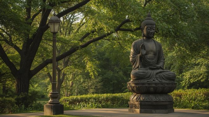 A serene Buddha statue in a West Ridge park representing the peaceful counseling approach at Calm Anxiety Clinic in Chicago