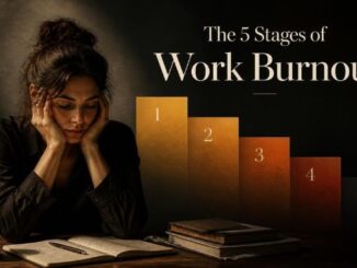 Diagram illustrating the 5 stages of work burnout — from compulsive drive to habitual exhaustion — with CBT therapy approaches for each stage, Chicago