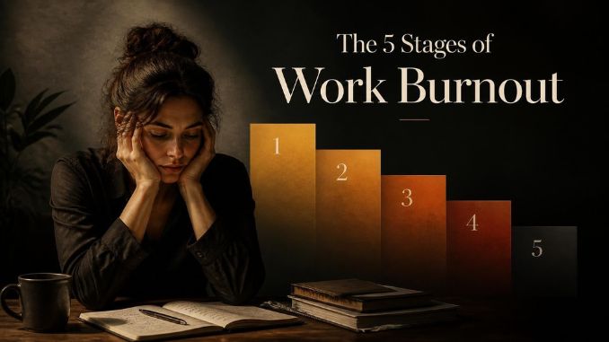 Diagram illustrating the 5 stages of work burnout — from compulsive drive to habitual exhaustion — with CBT therapy approaches for each stage, Chicago