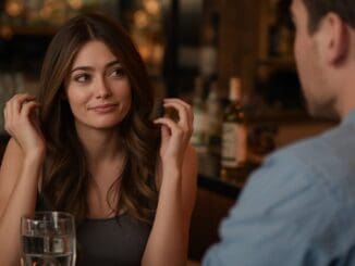 A man and woman sitting at a modern bar in Chicago; the woman looks pensive and socially anxious while overthinking the interaction, representing high-functioning social anxiety in dating