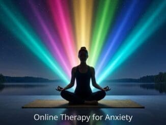 Meditating figure with seven colored light beams representing types of online therapy for anxiety — Calm Anxiety CBT Therapy Clinic, Chicago