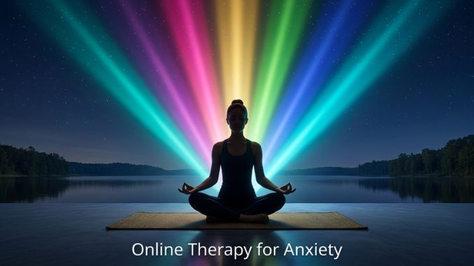 Meditating figure with seven colored light beams representing types of online therapy for anxiety — Calm Anxiety CBT Therapy Clinic, Chicago