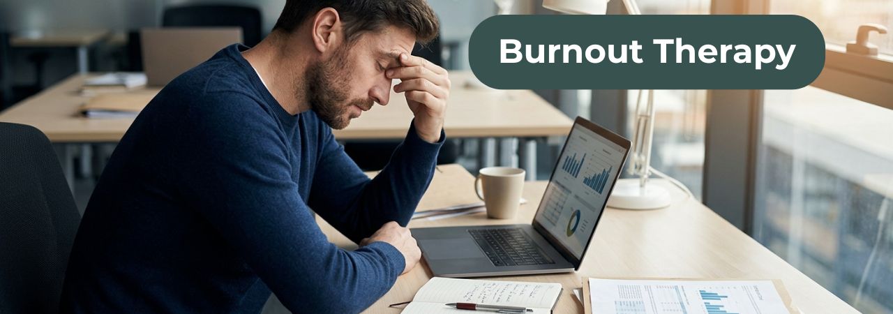 burnout therapy represented by person at work suffering from job exhaustion