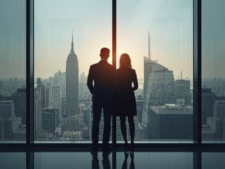 Glassy lake surface reflecting a city skyline with a faint ripple, representing how calm exterior success can mask underlying anxiety