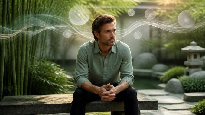 man with intrusive thoughts calming himself in a Chicago Zen Garden