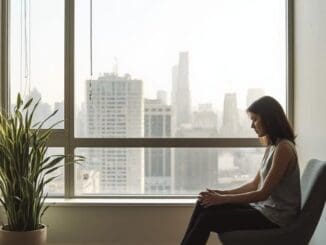 Person sitting by window experiencing hypervigilance after a toxic relationship, considering CBT therapy in Chicago