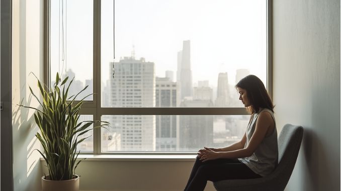 Person sitting by window experiencing hypervigilance after a toxic relationship, considering CBT therapy in Chicago