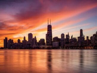 Chicago skyline at sunset overlooking Lake Michigan