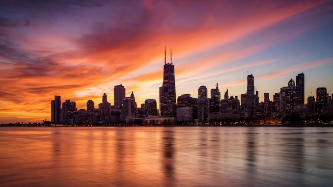 Chicago skyline at sunset overlooking Lake Michigan