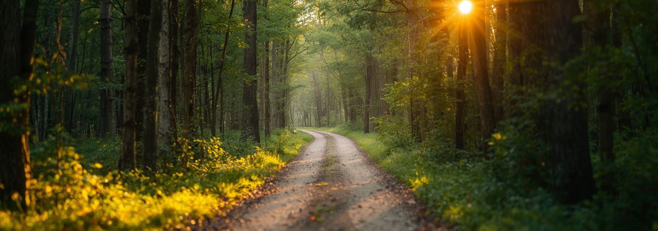 Sunlit forest path symbolizing confidence and moving forward through performance anxiety