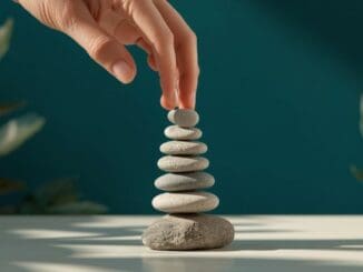 Hand setting down one stone from a small balanced stack, representing learning to let go of one responsibility without everything falling apar