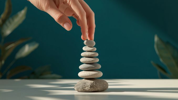 Hand setting down one stone from a small balanced stack, representing learning to let go of one responsibility without everything falling apar