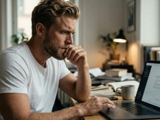 Professional experiencing self-doubt while using an AI tool for work