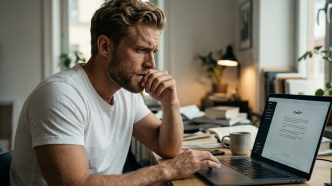 Professional experiencing self-doubt while using an AI tool for work