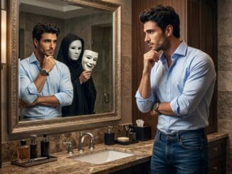 man struggling with imposter syndrome and perfectionism looking in mirror