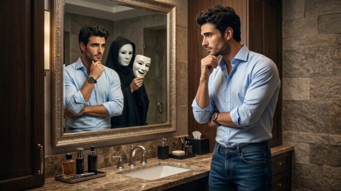 man struggling with imposter syndrome and perfectionism looking in mirror